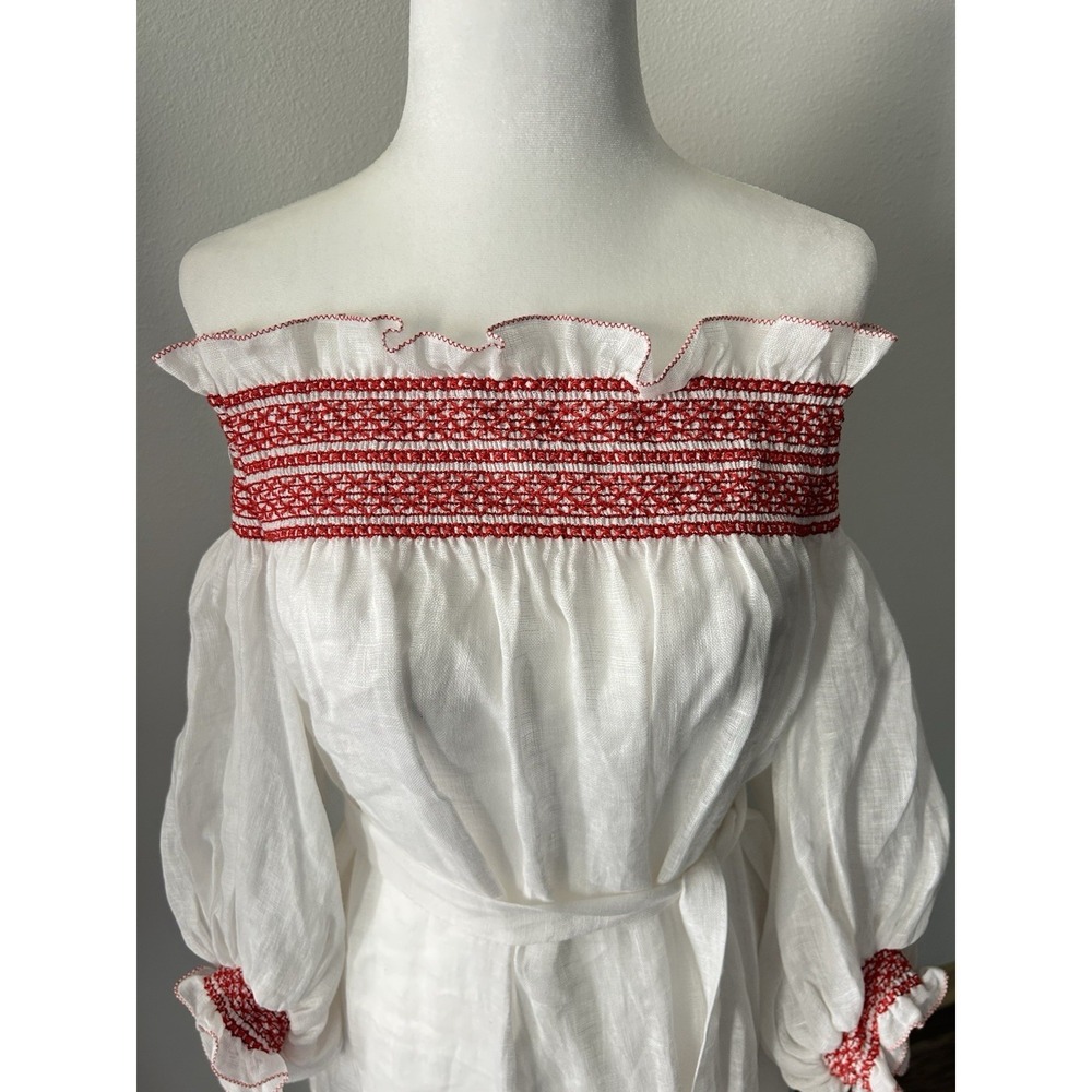 Lisa Marie Fernandez Off Linen Red Embroidered Dress Cottagecore Luxury Farm - Picture 2 of 7